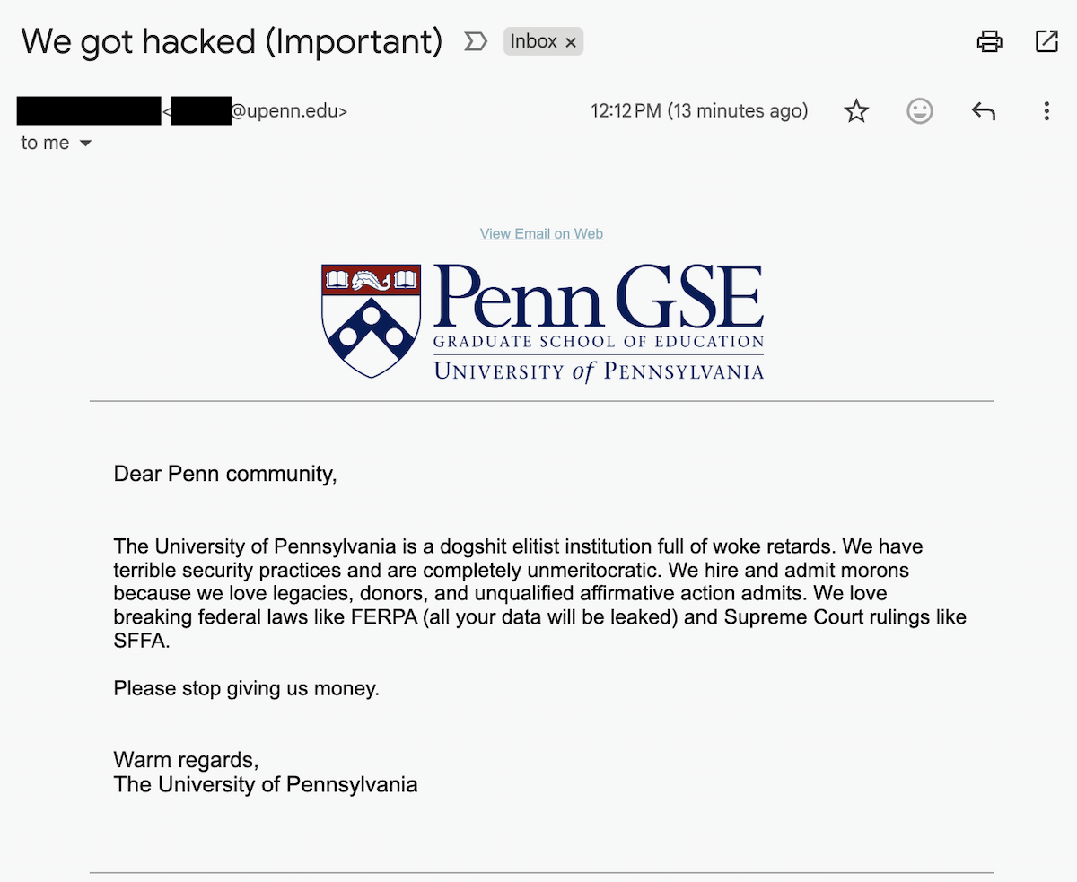Hackers invadem sistema de e-mail da Universidade da Pensilvânia e ameaçam vazar dados - Imagem do artigo original