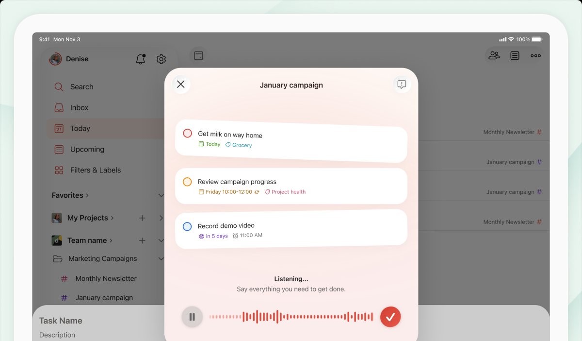 Todoist lança recurso Ramble para criar tarefas por comando de voz com IA - Imagem do artigo