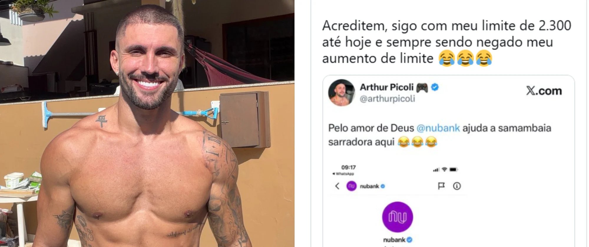 Arthur Picoli diz que limite do cartão Nubank segue em R$ 2,3 mil cinco anos após BBB 21 - Imagem do artigo